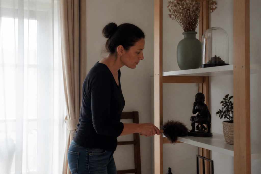 Femme epoussetant methodiquement les surfaces de haut en bas