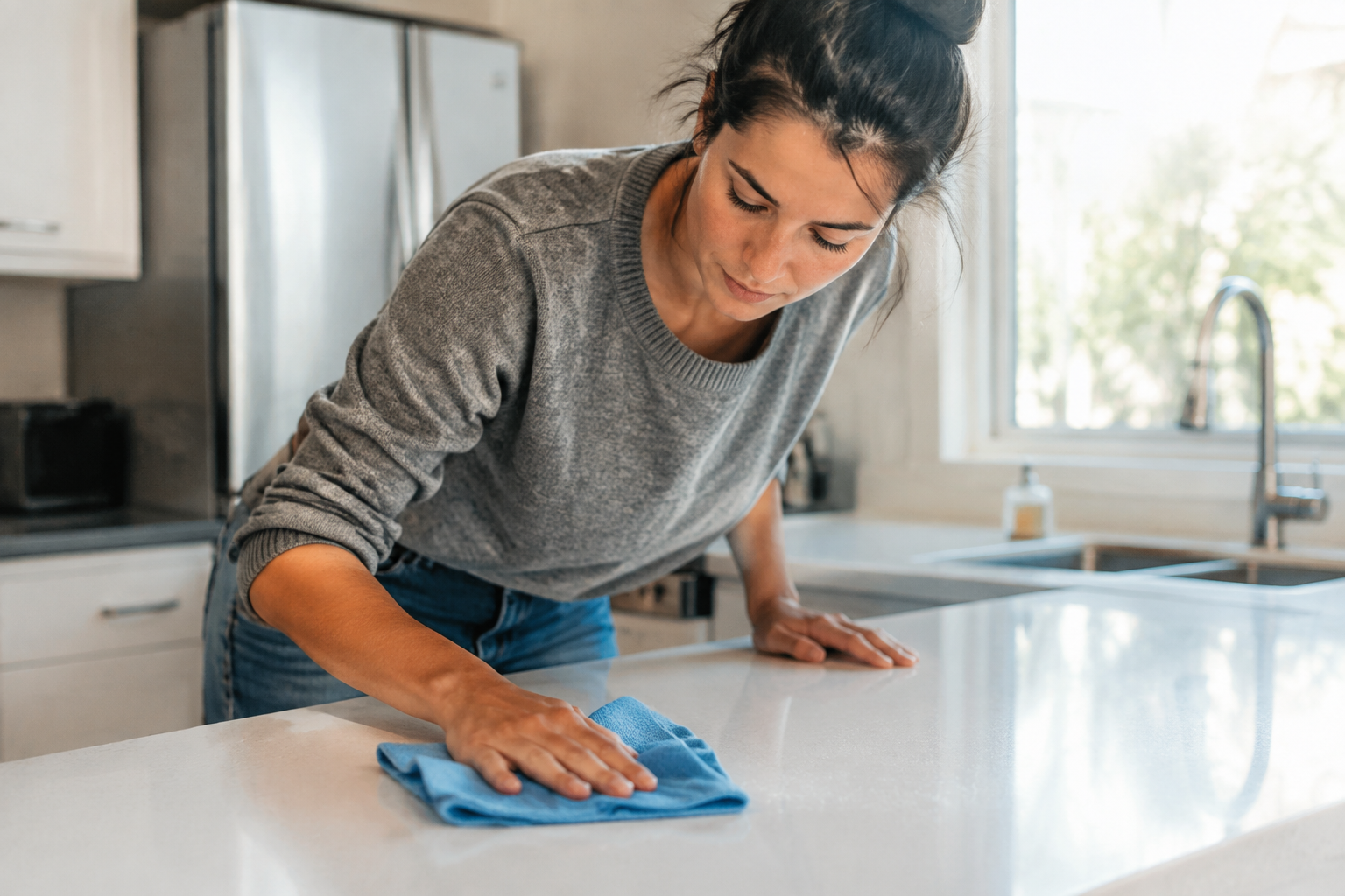 Personne penche frottant comptoir blanc avec chiffon bleu
