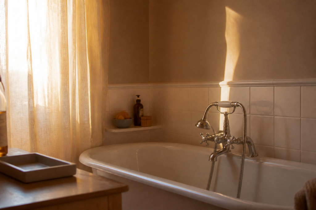 Baignoire eclairee par lumiere chaude et douce