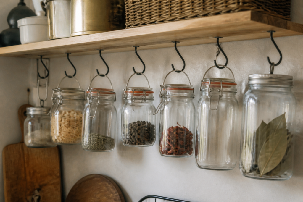 Bocaux suspendus crochets organises rangement mural cuisine