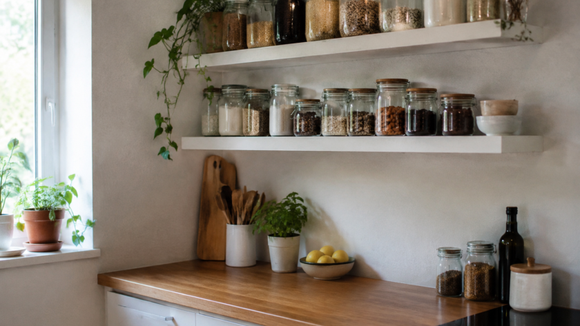 Bocaux verres etageres blanches mural plan travail