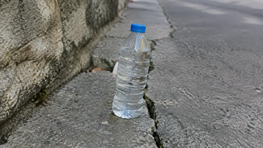 Bouteille en plastique posee sur un trottoir fissure