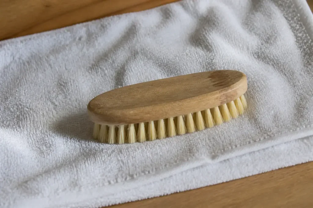 Brosse en bois séchant à plat sur une serviette blanche