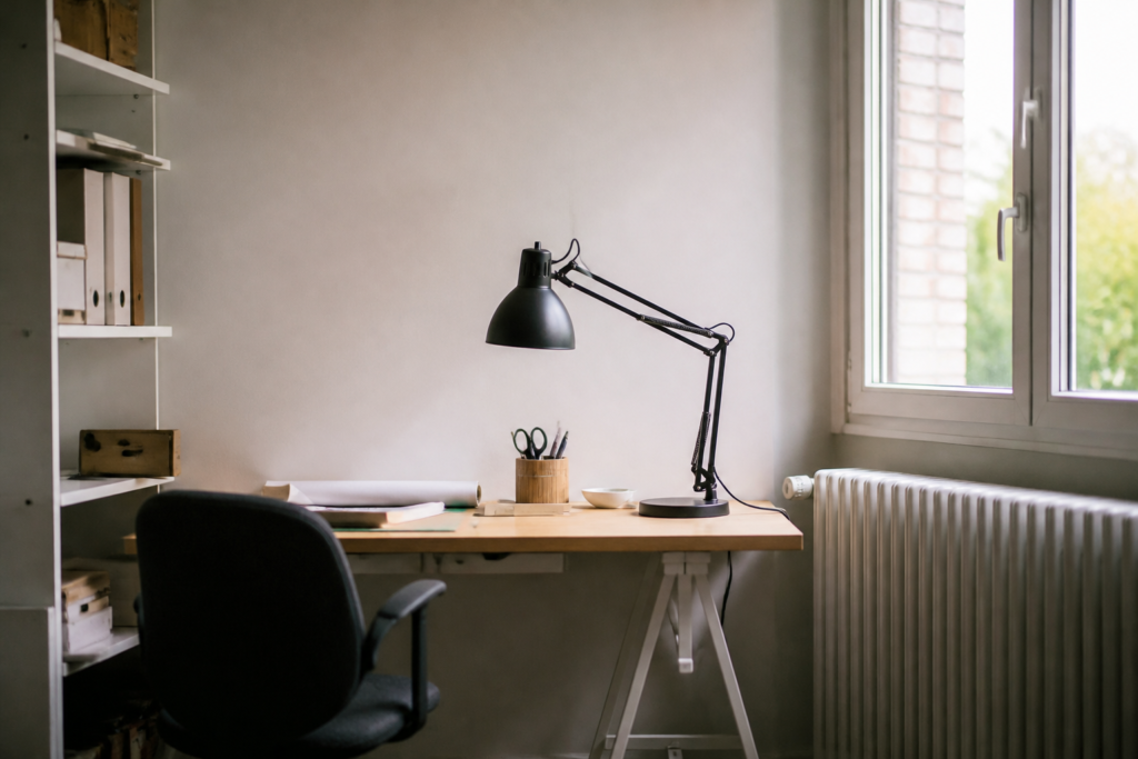 Bureau clair avec lampe orientable et fenetre laterale