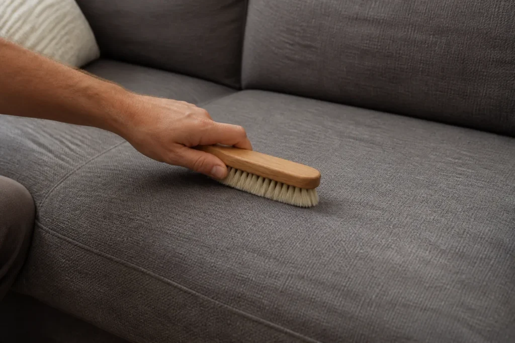 Canape gris en tissu avec brosse douce