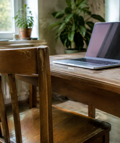 Chaise en bois devant un ordinateur portable sur table