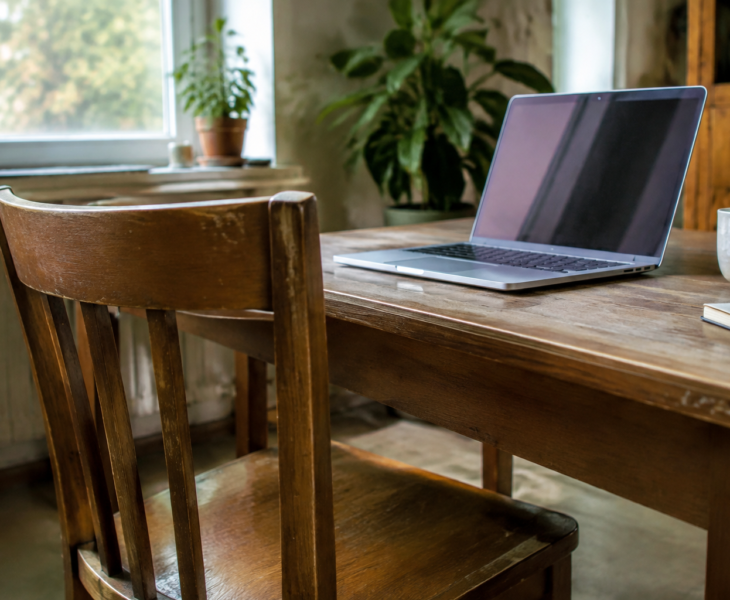 Chaise en bois devant un ordinateur portable sur table