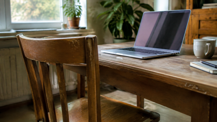 Chaise en bois devant un ordinateur portable sur table