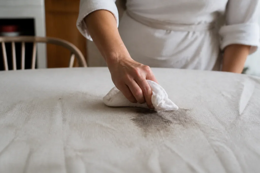Chiffon blanc tamponnant une tache sombre sur nappe