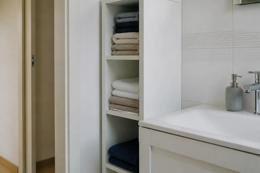 Colonne blanche de rangement pres du lavabo avec serviettes