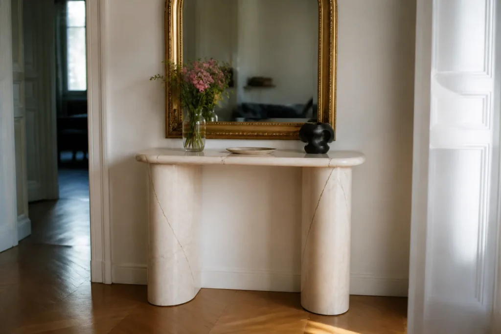 Console en pierre blanche veinee sous miroir dore
