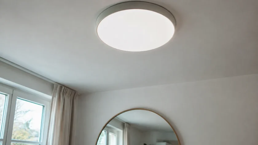 Dalle lumineuse ronde au plafond blanc, miroir visible derriere