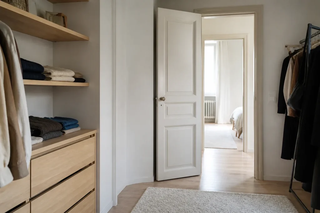 Dressing lumineux aux portes claires et etagere en bois