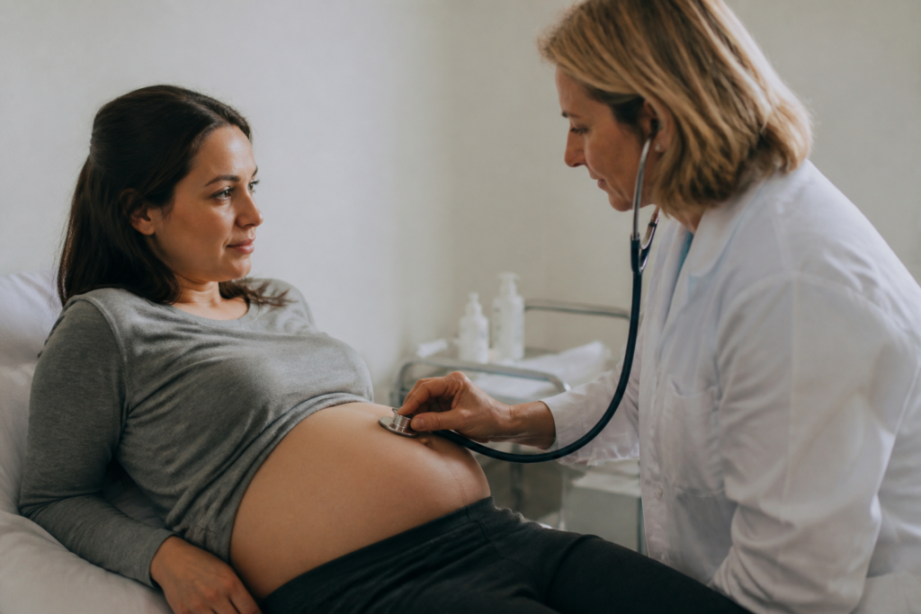 Femme enceinte consultee par medecin avec stethoscope