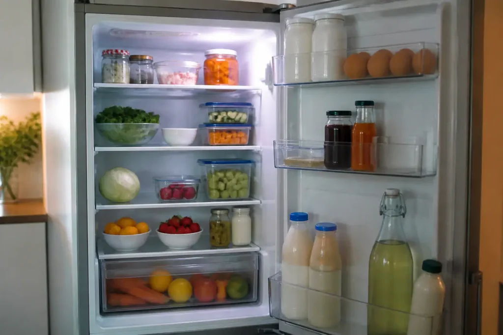 Frigo ouvert avec joint propre et produits bien ranges