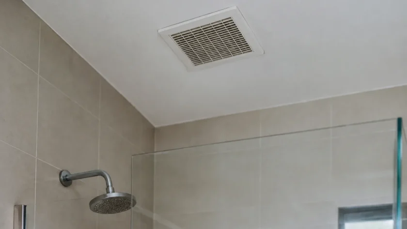 Grille blanche fixee au plafond pres de la douche