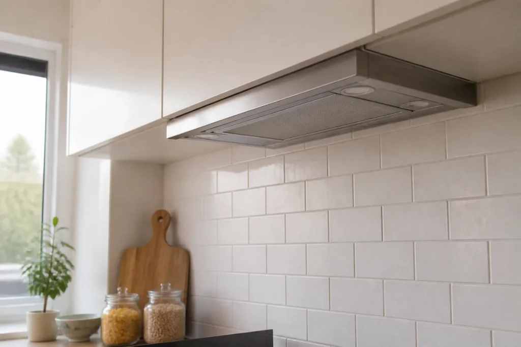 Hotte inox fixee sous meuble haut dans cuisine lumineuse
