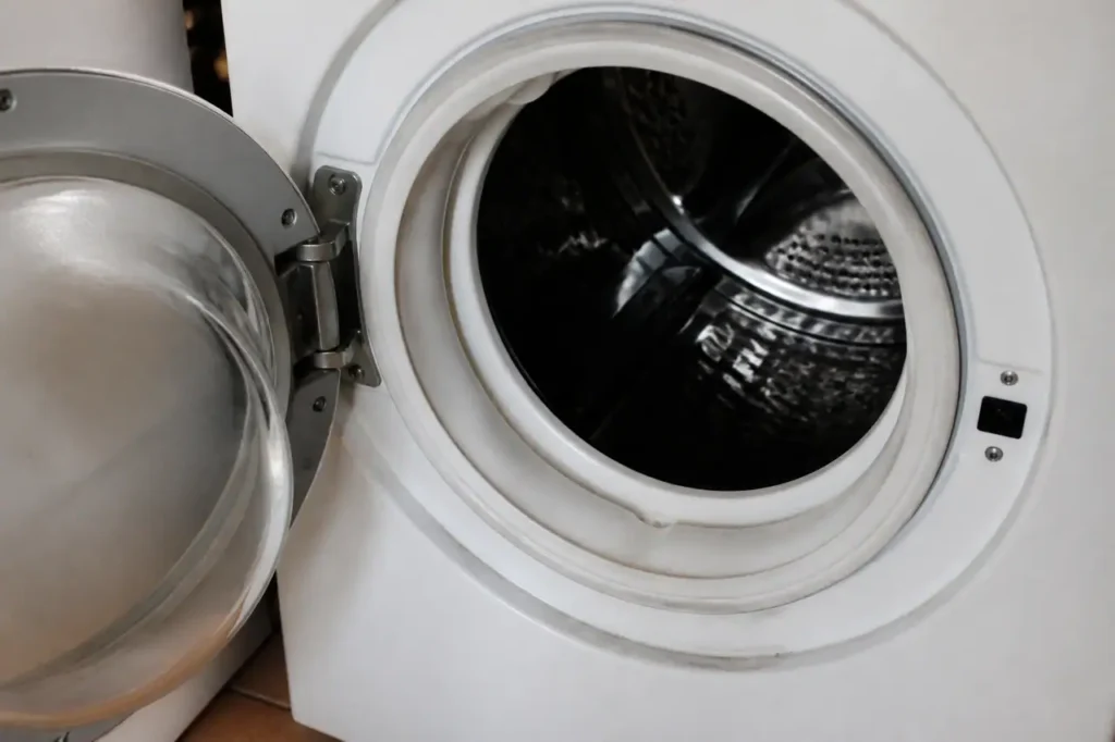 Hublot de lave-linge ouvert montrant le joint blanc