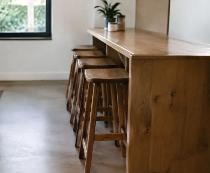 Ilot en bois avec tabourets alignes contre un mur