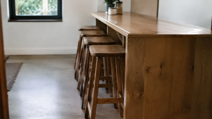 Ilot en bois avec tabourets alignes contre un mur