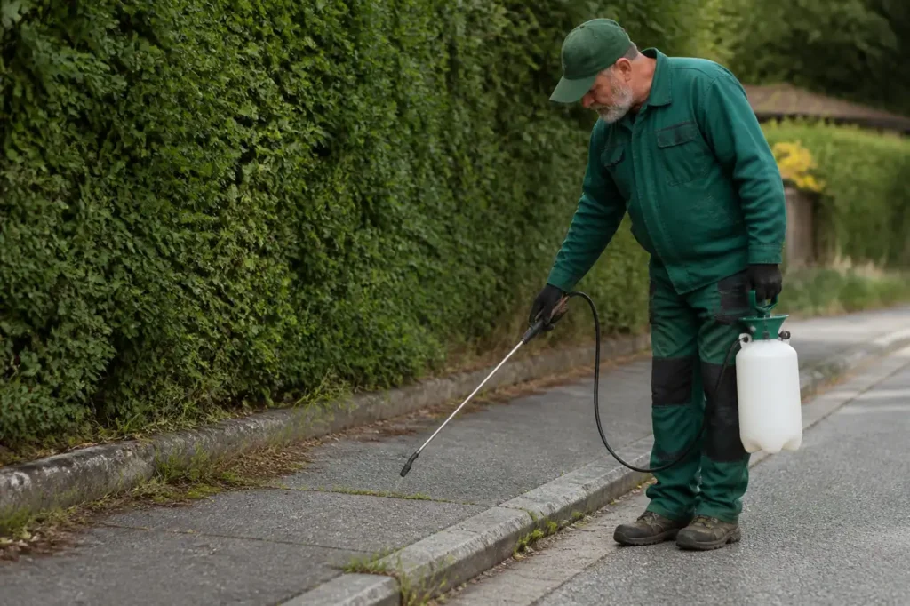 Jardinier pulverisant herbicide sur un trottoir fendu