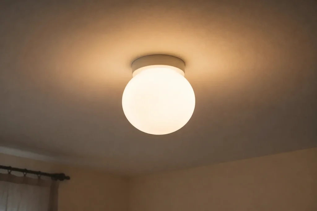 Lampe ronde blanche diffusant une lumiere douce au plafond