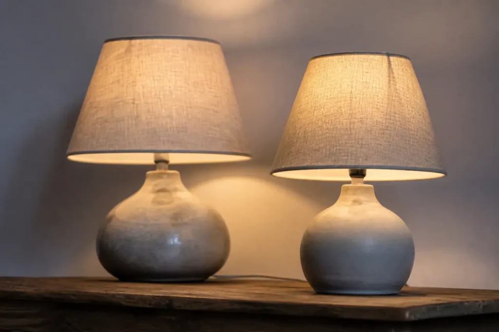 Lampes allumees au tissu beige sur table en bois