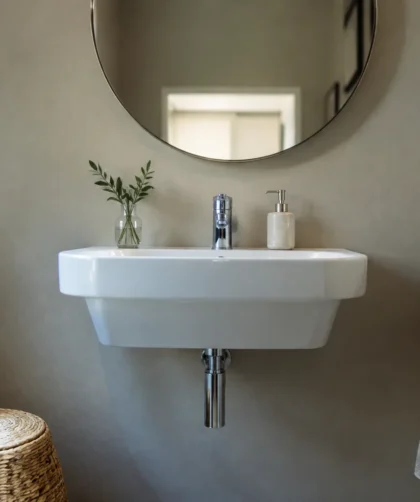 Lavabo blanc suspendu sous un miroir rond