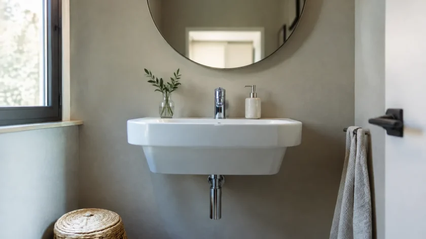 Lavabo blanc suspendu sous un miroir rond