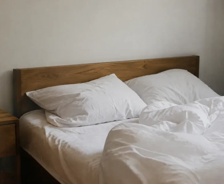 Lit en bois contre le mur avec draps blancs