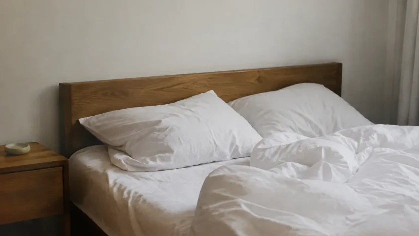 Lit en bois contre le mur avec draps blancs