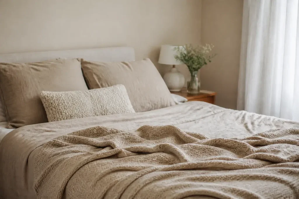 Lit de lin beige avec plaid texture et coussins