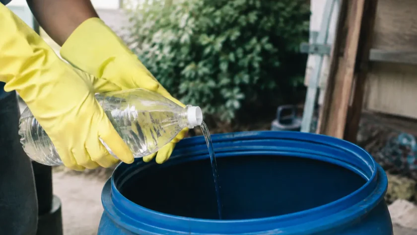 Mains gantees versant du vinaigre blanc dans un tambour