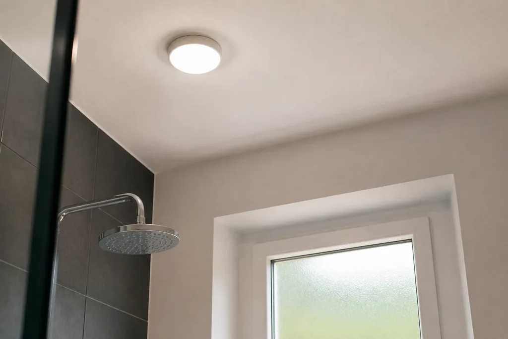 Plafonnier etanche IP65 installe au-dessus d'une douche italienne