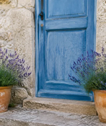Porte en bois bleue flanquee de pots de lavande