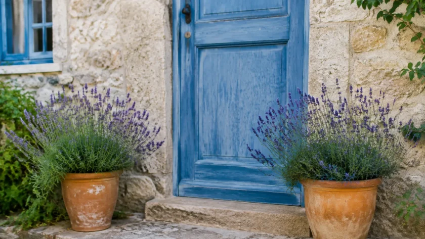 Porte en bois bleue flanquee de pots de lavande