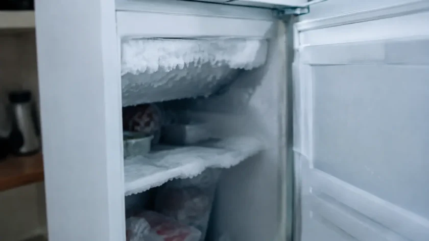 Porte entrouverte laissant voir du givre sur appareil blanc