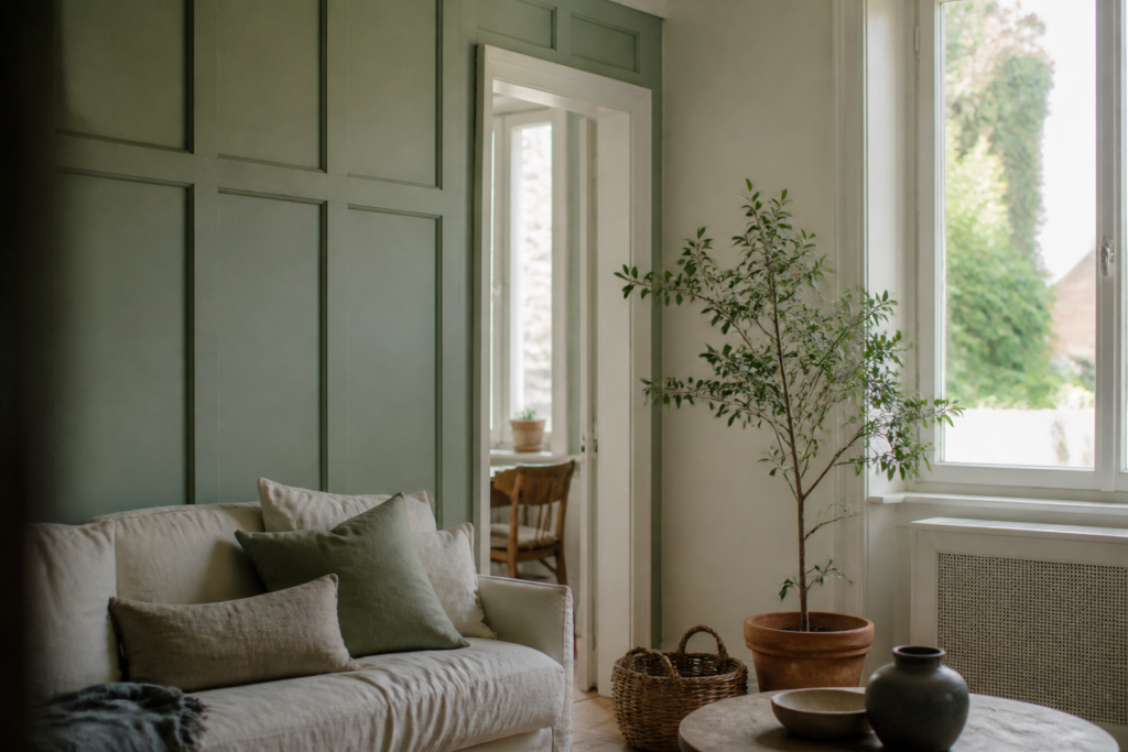 Salon lumineux avec panneau vert sauge et coussins