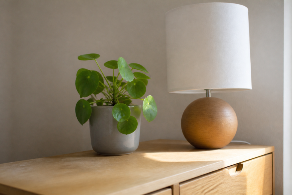 Table en bois claire, lampe et plante verte