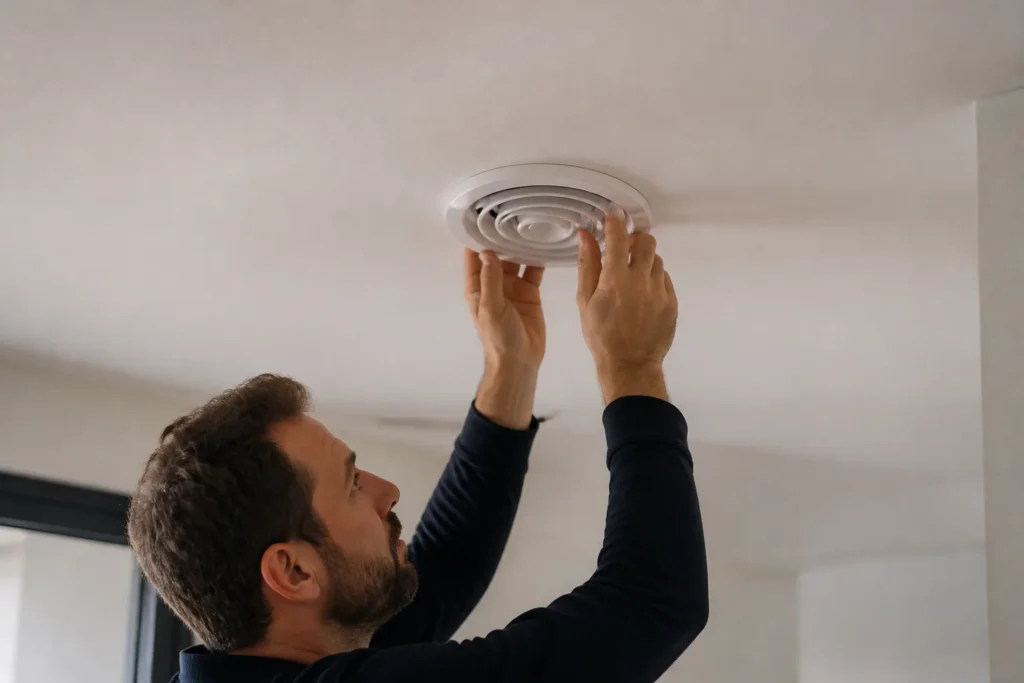 Technicien fixe une bouche de ventilation blanche au plafond