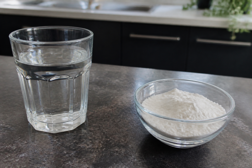 Verre d'eau et poudre de bicarbonate sur comptoir