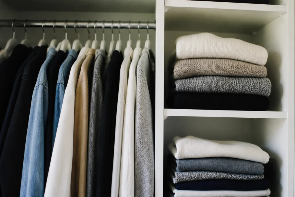 Vetements suspendus dans penderie blanche, pulls plies sur etagere