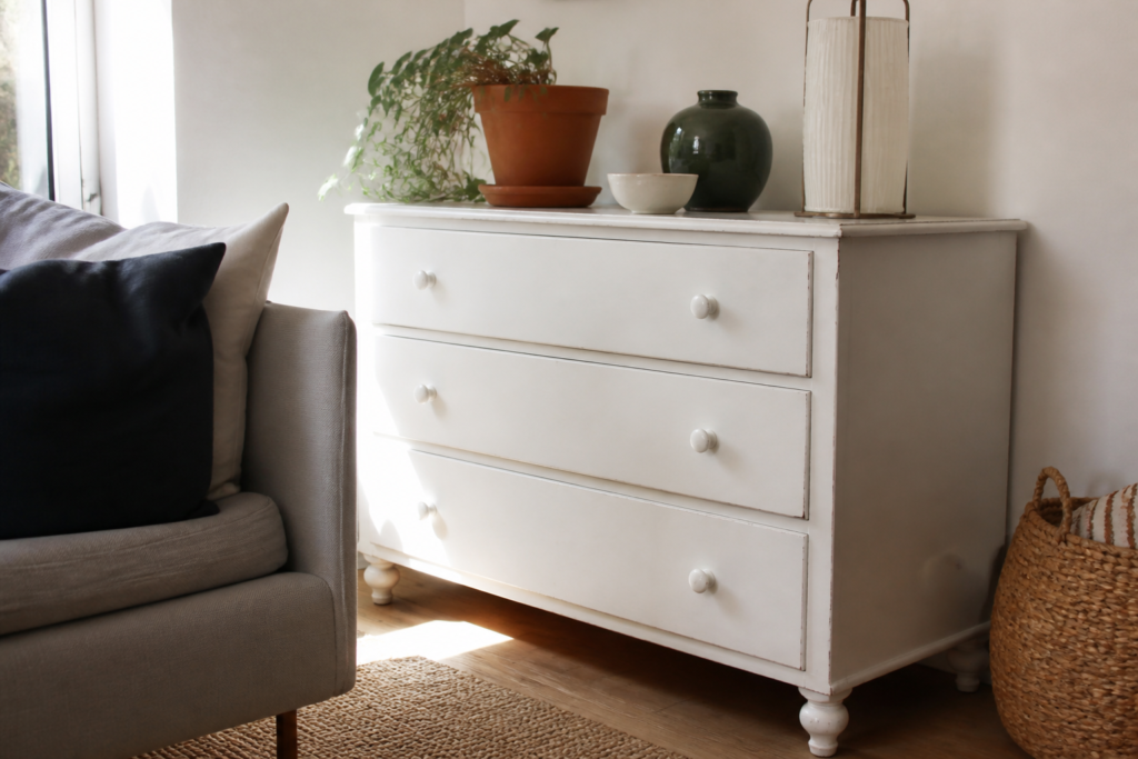 Vieille commode repeinte en blanc dans un salon lumineux